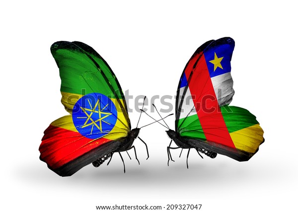 Two butterflies with flags on wings as symbol of\
relations Ethiopia and\
CAR