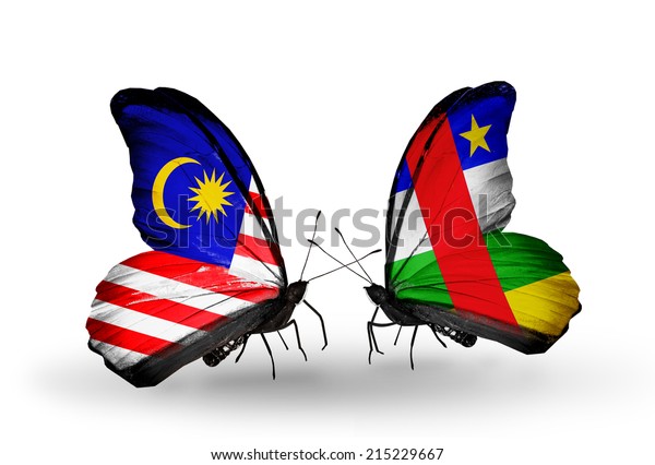 Two butterflies with flags on wings as symbol of\
relations Malaysia and\
CAR