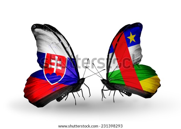 Two butterflies with flags on wings as symbol of\
relations Slovakia and \
CAR