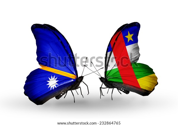 Two butterflies with flags on wings as symbol of\
relations Nauru and\
CAR