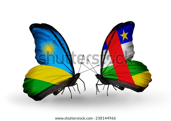 Two butterflies with flags on wings as symbol of\
relations Rwanda and\
CAR