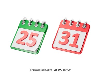 Two calendar pages showing December 25 and 31. Green and red graphics on a white background. Concept of holiday season and year-end. 3D Rendering - Powered by Shutterstock