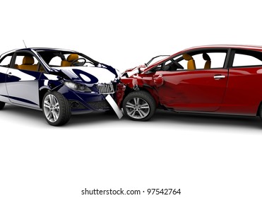 Two Cars In An Accident Isolated On A White Background