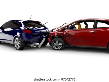 Two Cars In An Accident Isolated On A White Background