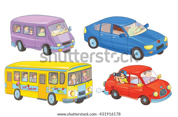 Two cars, a bus, and a minibus. Coloring\
book. Coloring page. Illustration for children. Cute cartoon\
characters isolated on white\
background