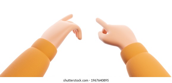Two cartoon hands in yellow shirt pointing on something or use touch screen isolated over white background. 3d render illustration.