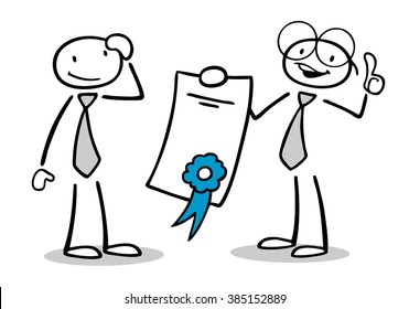 Two cartoon people with certificate or diploma holding thumbs up