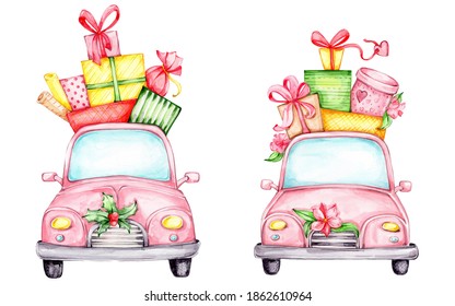 Two Cartoon Pink Cars With Gifts; Watercolor Hand Draw Illustration; Can Be Used For Christmas Cards And For Valentine's Day; With White Isolated Background