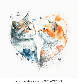 Two cats kissing  in the shape heart  Valentines Day   all lovers  Watercolor illustration