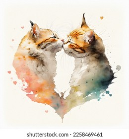Two cats kissing  in the shape heart  Valentines Day   all lovers  Watercolor illustration