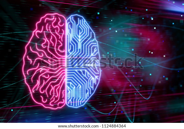 two cerebral hemispheres of digital\
human brain at abstract technology background. 3D\
render