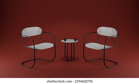 Two Chairs And Coffee Table In Red Room. Interview, Studio And Design Concept. 3D Rendering Illustration