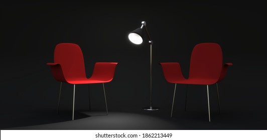 Two Chairs And A Lamp In A Dark Room A Place For An Interview 3d Rendering Illustration