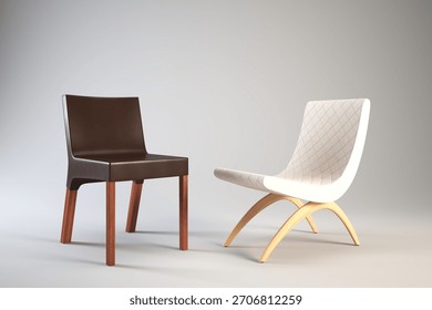 Two chairs, one brown and one diamondpatterned white. Suitable for interior design concepts, furniture advertisements, and home decor blogs.