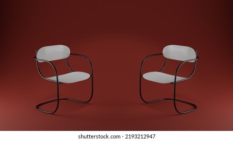 Two Chairs In A Red Room A Place For An Interview. 3d Rendering Illustration