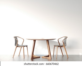 Two chairs and table in bright modern interior with white wall. 3d rendering