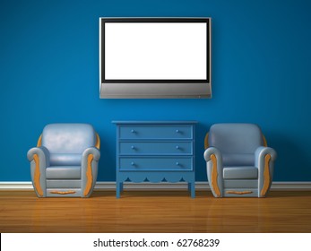 Two Chairs With Wooden Bedside With Lcd Tv In Blue Interior