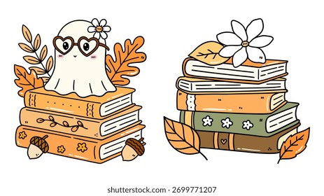 Two charming illustrations featuring stacks of books with autumnal and Halloween themes. The left image shows a cute ghost wearing heart-shaped glasses sitting on a book stack adorned.