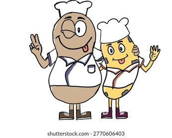 Two chef characters with different shapes, such as nuts and chips. However, both complement each other, because they are from the snack food category.
