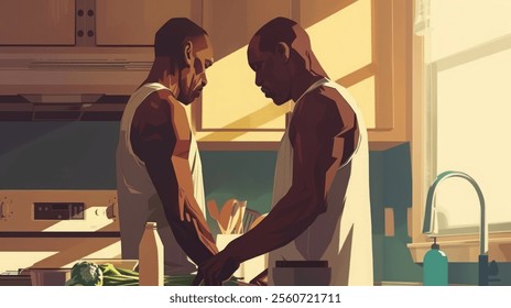 Two chefs are working together, preparing a meal in a restaurant kitchen, with sunlight streaming in