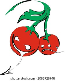 Two cherries on a branch with a leaf