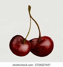 Two cherries are shown together, connected by their green stem. The cherries have a deep red color and sit on a light neutral background. They appear fresh and ripe.
