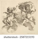 Two cherubs in a vintage illustration, floating among clouds. One cherub holds a basket of flowers. Classic cherub imagery in a detailed vintage style. Vintage etching illustration artwork.