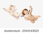 Two cherubs with wings, flying in the sky. Cherubs with angelic features, reaching out. Cherubs in a classic, ethereal pose, symbolizing innocence isolated on white textured background.