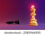 Two chess king pieces, black king and glowing gold king, in motion  battle digital against digital art abstract environment modern viewpoint strategic concept background of purple and pink hues