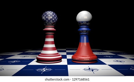 Two Chess Pawns Facing Each Other. USA And Russia On A NATO Board. 3D Rendering.