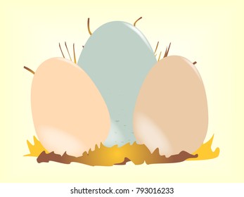 Two Chicken Eggs Nestled Together In A Nest With A Cuckoo Egg.