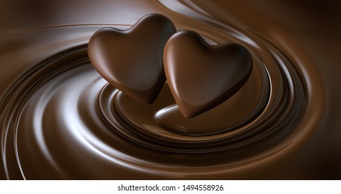 Two Chocolat Hearts With Molten Dark Chocolat - 3D Illustration