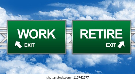 Two Choices Of Green Highway Street Sign Between Work And Retire Sign For Business Concept Against A Blue Sky Background - Powered by Shutterstock