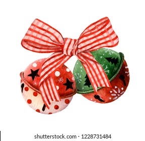 Two Christmas Sleigh Bells With Red Checkered Bow Hand Drawn In Watercolor Isolated On A White Background.