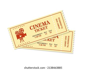 Two Cinema Tickets, Realistic Movie Ticket Mockup. Old Vintage Movies Show Entrance Pass, Film Festival Admission Coupon  Template. Permission To Enter To Watch Movie Isolated