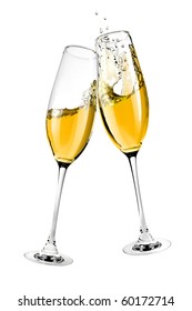 two clinking glasses with champagne isolated on white