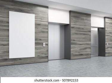 Two Closed Elevators With Buttons In Corridor With Wooden Walls. Vertical Poster Of Elevator Size Is Hanging In The Middle. Concept Of Office Center Interior. 3d Rendering. Mock Up. 