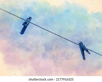 Two Clothes Pins On The Rope Watercolor Pattern Colorful Illustration