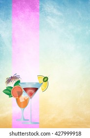 Two Cocktail Glasses With Copy Space For Text. Abstract Artistic Background. Concept Of Summer Holidays, Relax, Drink. Price List Or Party Invitation Background.