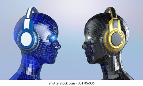 two colorful robot girl heads with shining eyes in big headphones facing each other, music poster template, isolated 3d render.