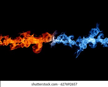 Two Colors 3D Illustration Fire Orange And Blue Flames On A Black Background