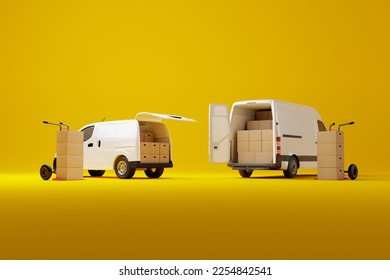 Two commercial delivery white vans with cardboard boxes on yellow background. Delivery order service company transportation box with vans truck. 3d rendering, 3d illustration. - Powered by Shutterstock