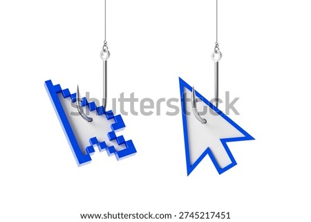 Two computer mouse cursor icons caught on fishing hooks, in isometric blue-white style, isolated on white background. Concept of phishing attack. 3D Rendering