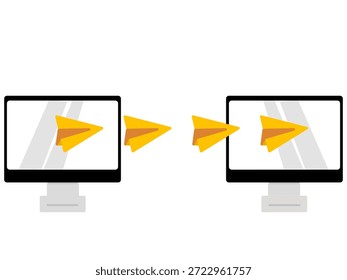 Two computers with flying paper plane icon between them. Symbol of file transfer, data exchange, and digital communication.