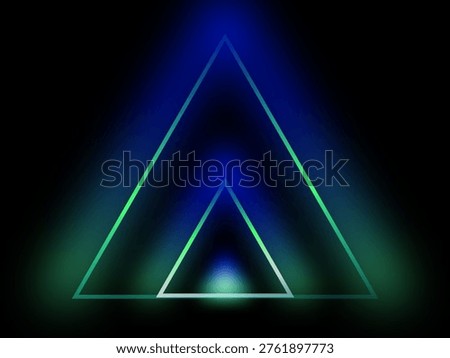 Two concentric triangles with a gradient outline in blue and green against a black background. The triangles are centered, with the larger triangle enclosing the smaller one. A glow effect emanates from the base, enhancing the ethereal feel. The design is symmetrical and minimalist, creating an abstract and visually striking composition.
