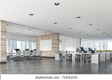 Two conference rooms with glass and wooden walls and an open space open office area. A poster. 3d rendering mock up