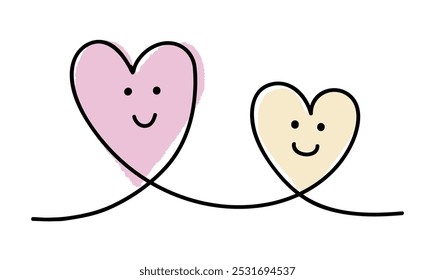 Two connected hand-drawn hearts with faces, large and small, pink and yellow - Powered by Shutterstock