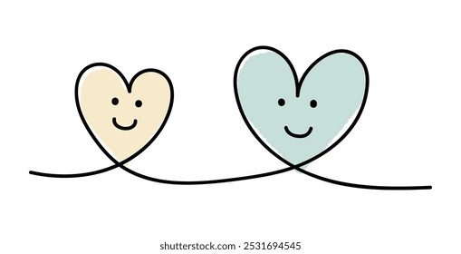 Two connected hand-drawn hearts with faces_yellow and turquoise - Powered by Shutterstock