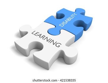 Two connected puzzle pieces with the words learning disability, 3D rendering