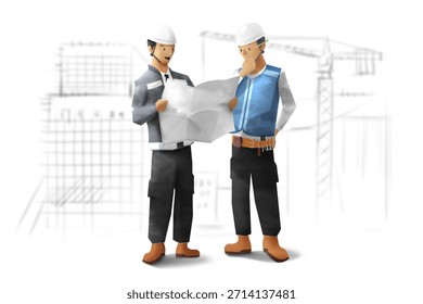 Two construction workers discuss plans while standing at a building site with a sketch in the background during a sunny day